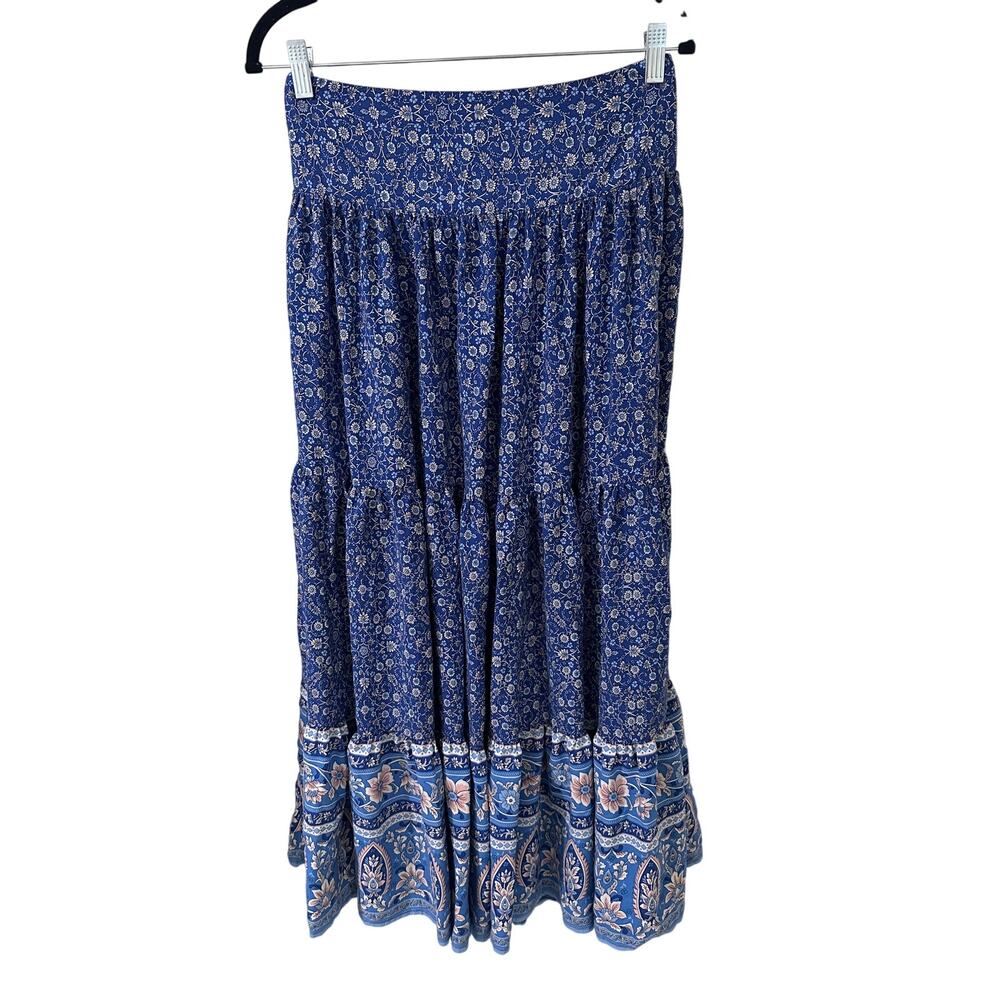 Natural Life Blue Floral Smocked Waist Tiered Maxi Skirt Size S Boho Prairie - Picture 2 of 7